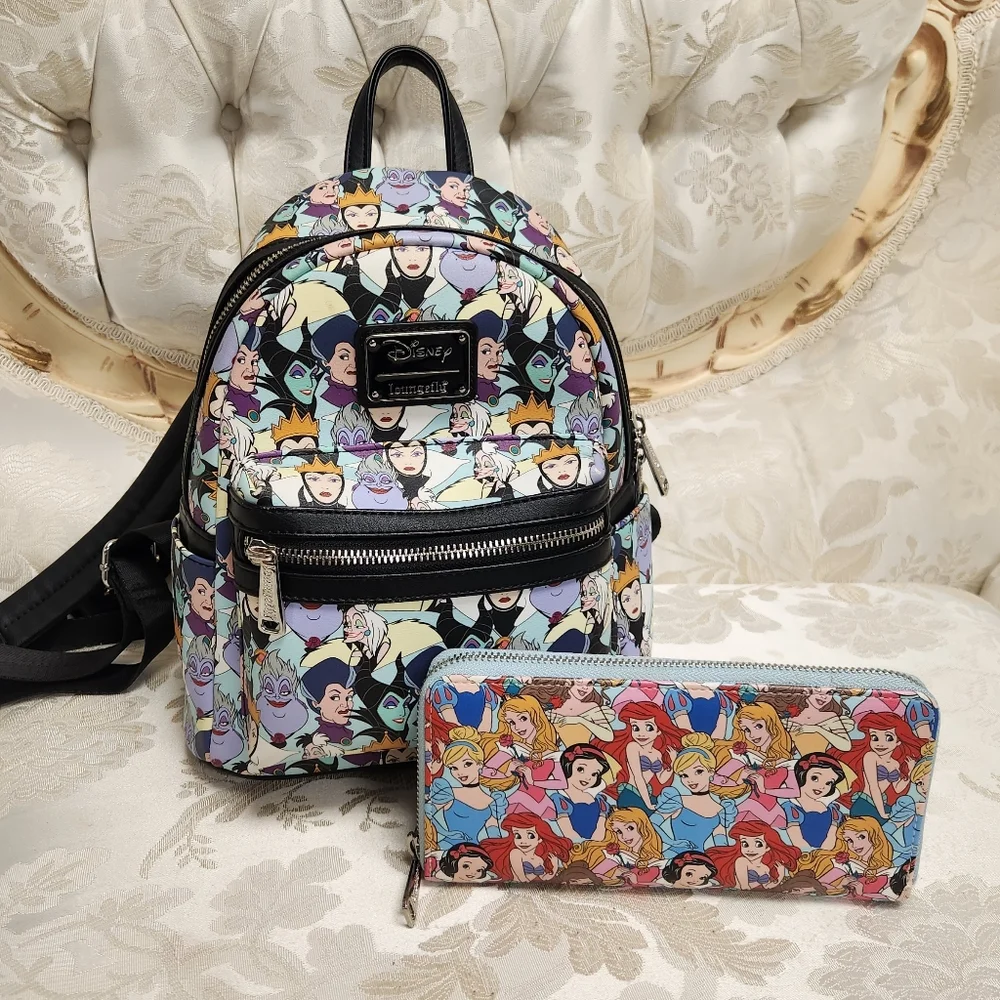 Loungefly Disney Villians maleficient  Cruella AOP Mini Backpack + Wallet